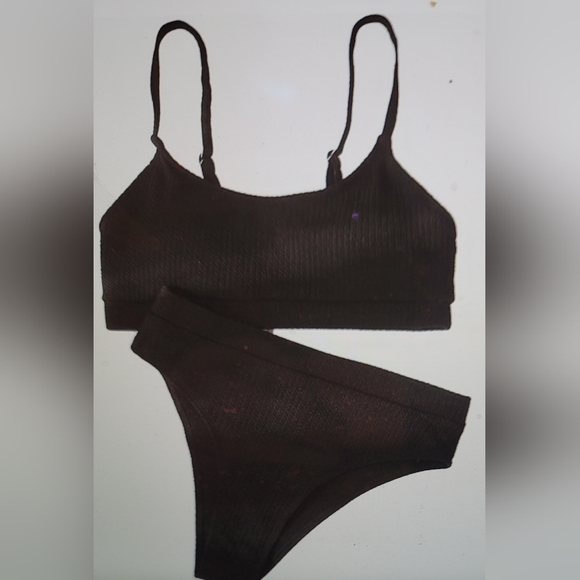 NWT RIBBED CROP TOP HIGH WAISTED BRAZILIAN CUT SWIM BATHING SUIT SIZE LARGE - Picture 3 of 14